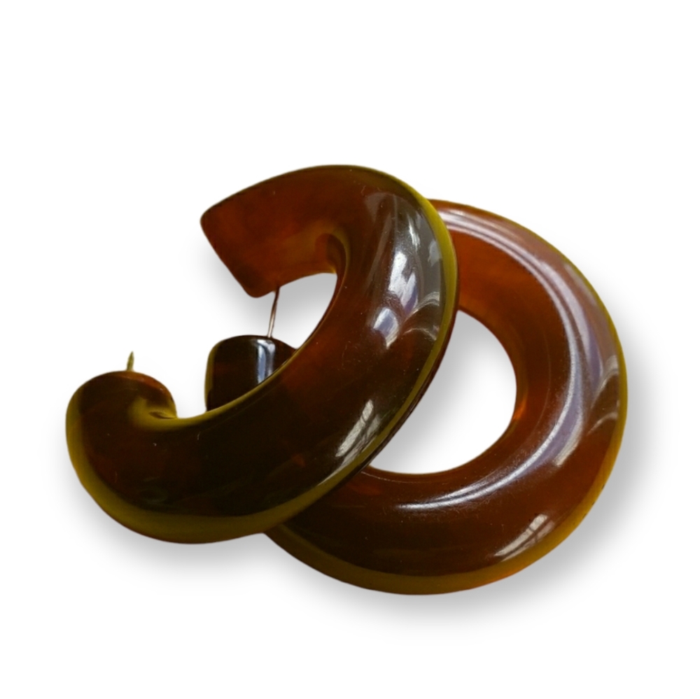 VINTAGE Large Hoop Lucite Earrings Brown Resin